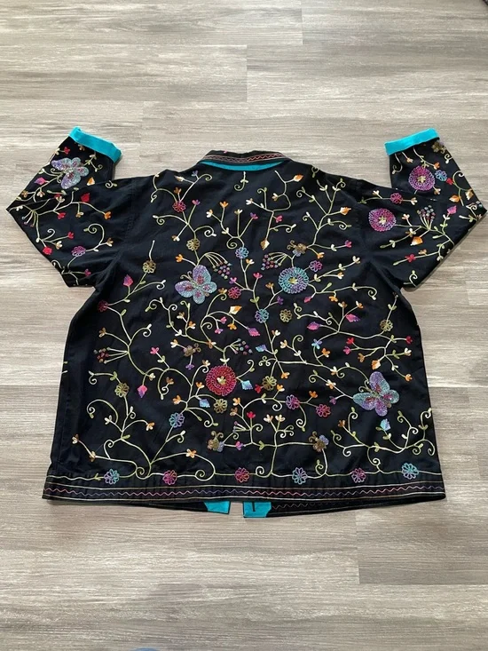 Quacker Factory Black Embroidered Beaded Button Up Blazer Jacket w/ Teal Trim - Picture 4 of 7